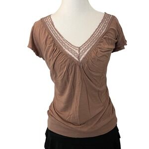 2 One Clothing Brown Lace‎ Trim V Neck Flutter Sleeve Gathered Tunic Top Women's